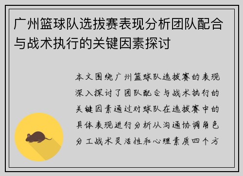 广州篮球队选拔赛表现分析团队配合与战术执行的关键因素探讨