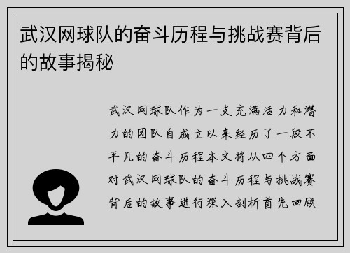 武汉网球队的奋斗历程与挑战赛背后的故事揭秘
