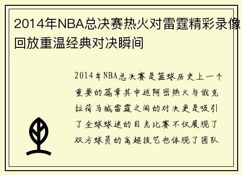 2014年NBA总决赛热火对雷霆精彩录像回放重温经典对决瞬间